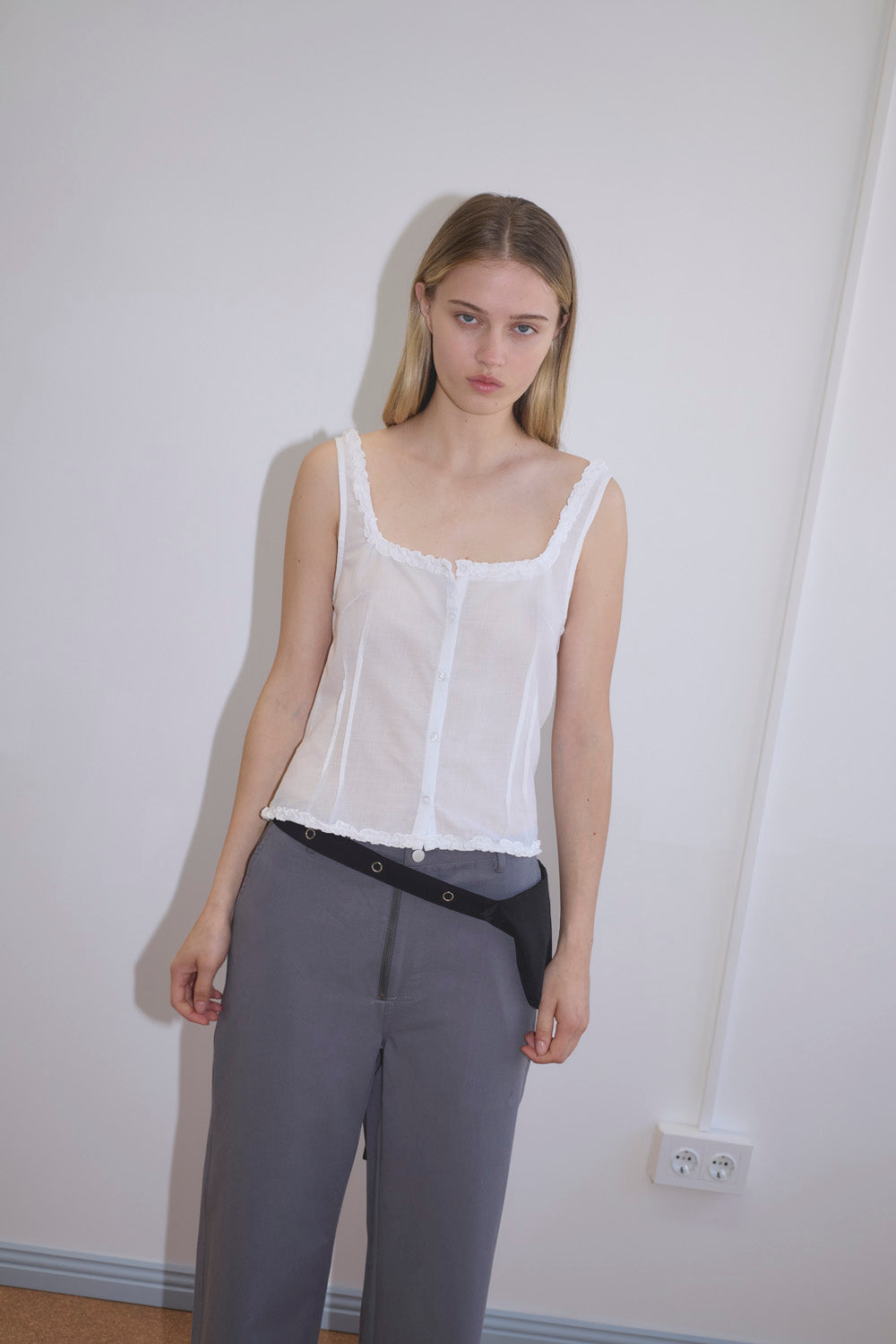 Deiji Studios Button Frill Top // White