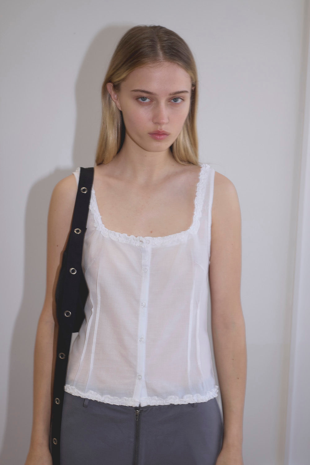 Deiji Studios Button Frill Top // White