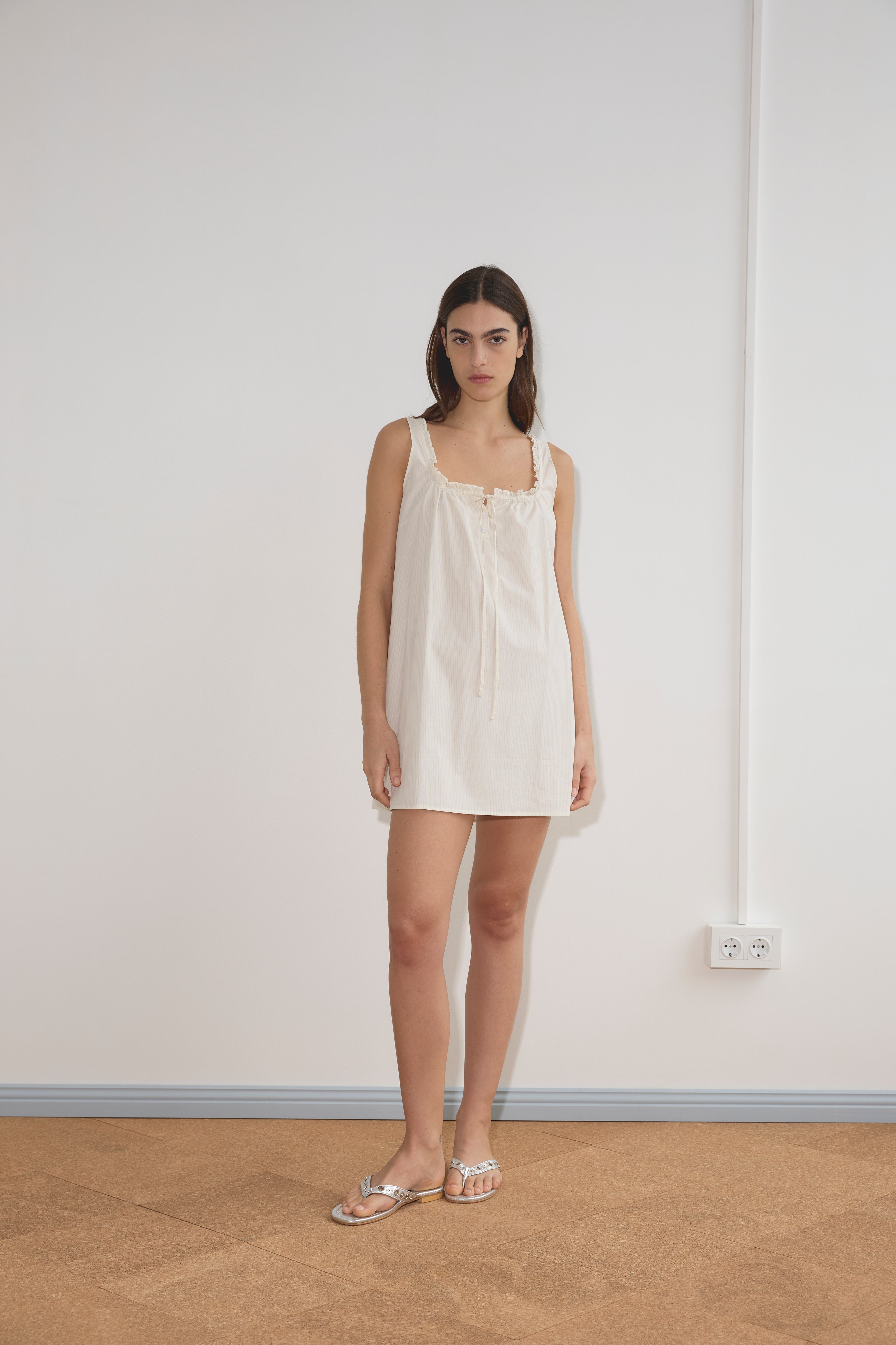 Deiji Studios Button Frill Mini Dress // Stone Stripe