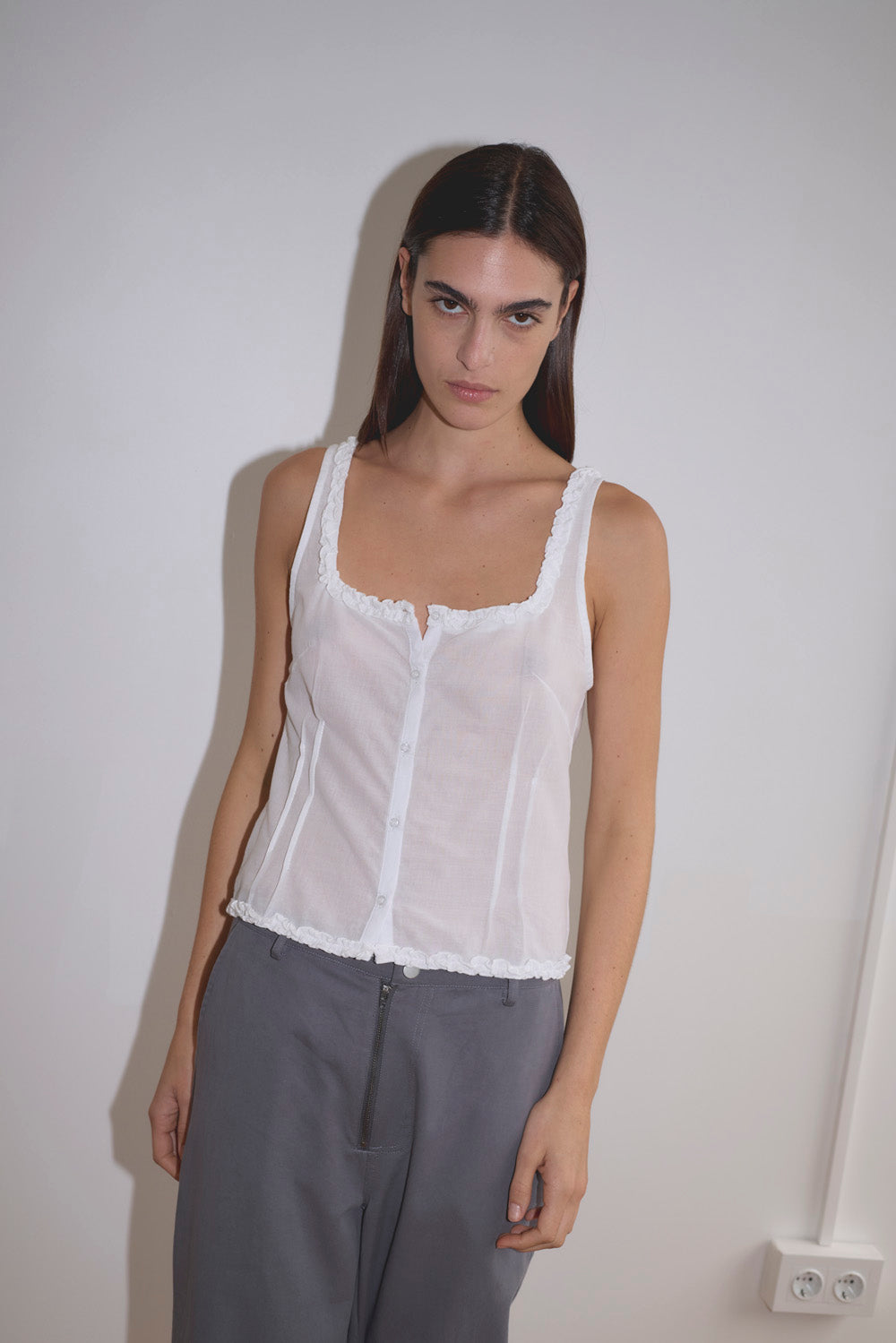 Deiji Studios Button Frill Top // White