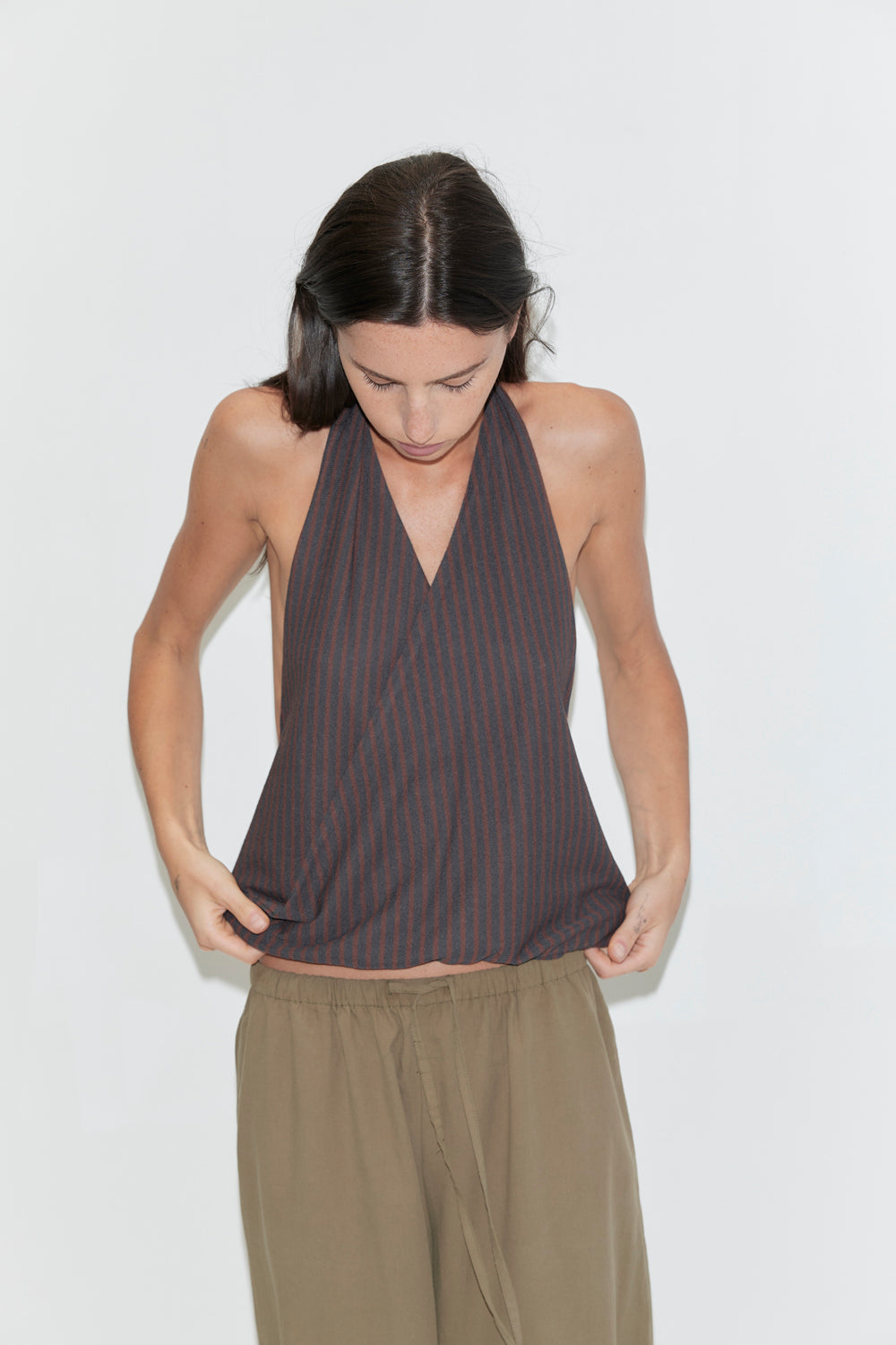 Deiji Studios Wrap Halter Top // Brown Grey Stripe