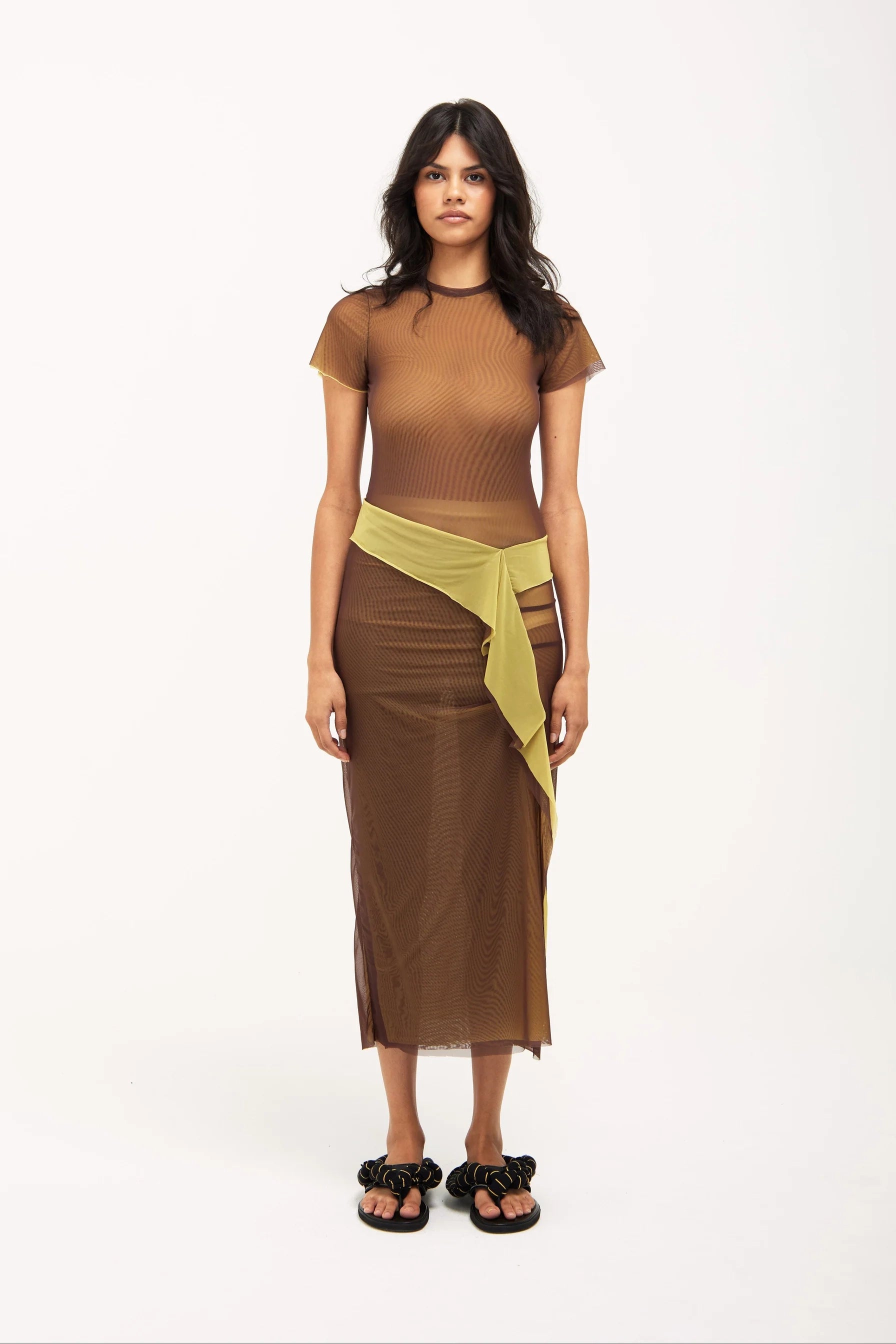 Verner Double Layer Mesh Dress // Brown over Yellow