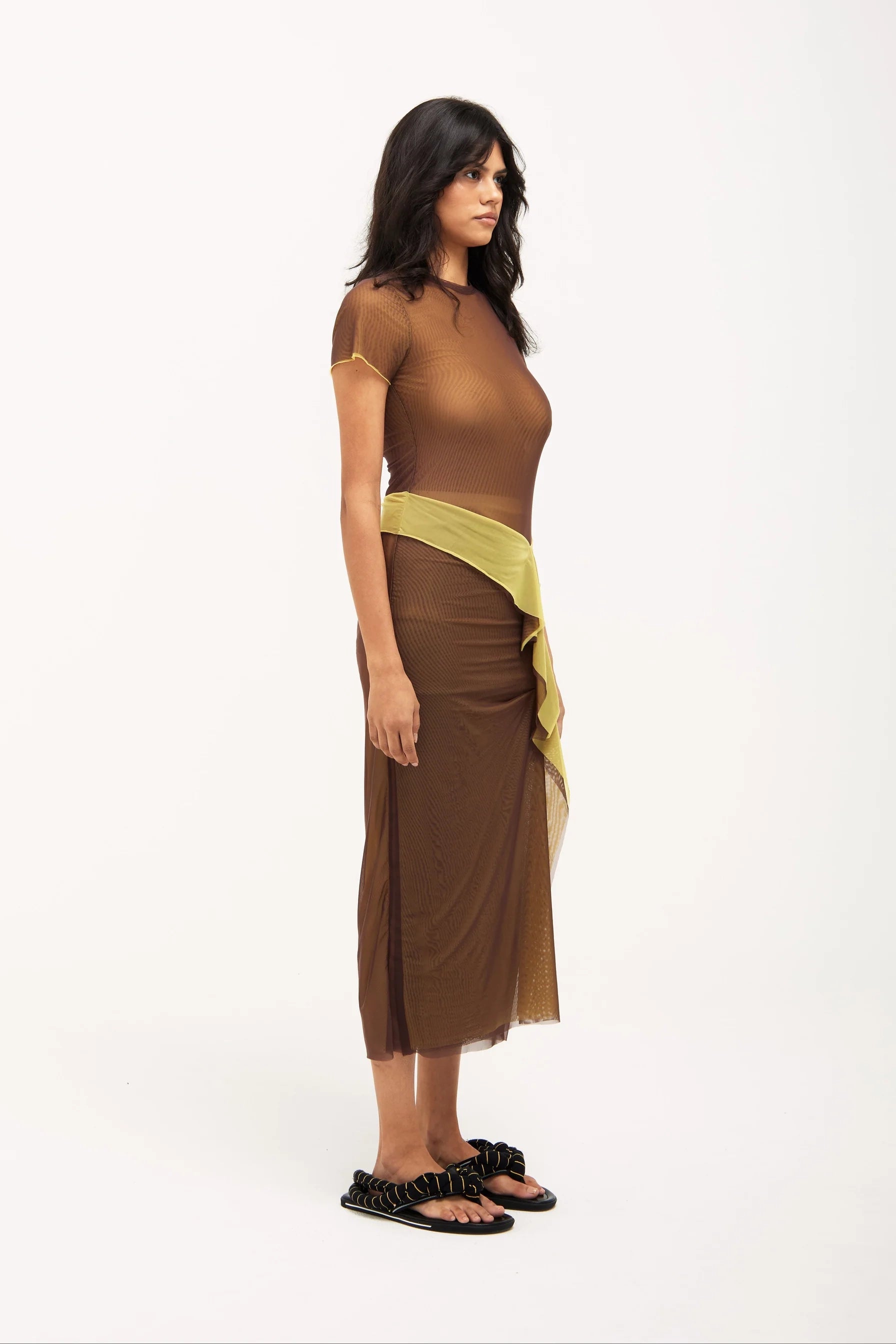 Verner Double Layer Mesh Dress // Brown over Yellow