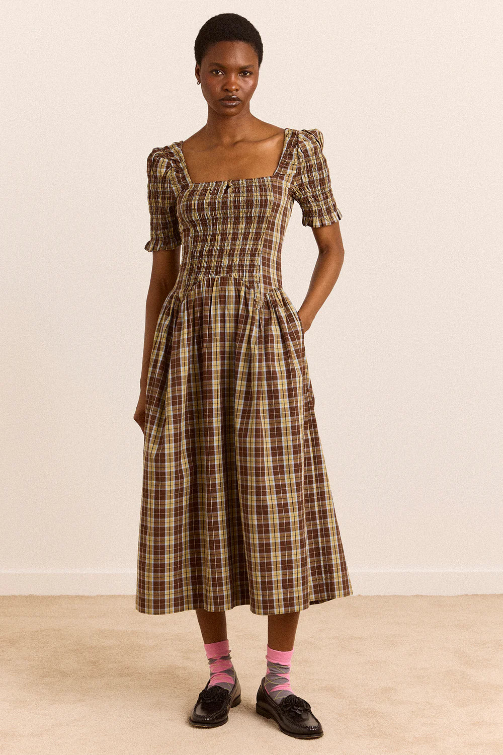 Damson Madder Molly Shirred Midi Dress // Cocoa Check