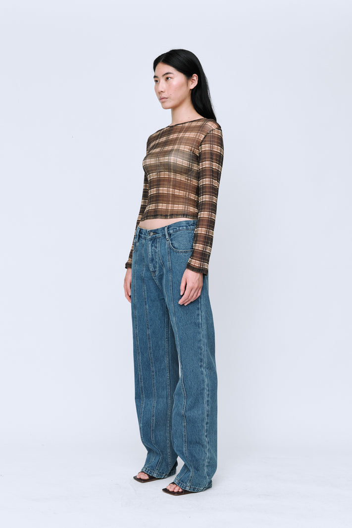 Wynn Hamlyn Silk Mesh Long Sleeve Top // Brown Check