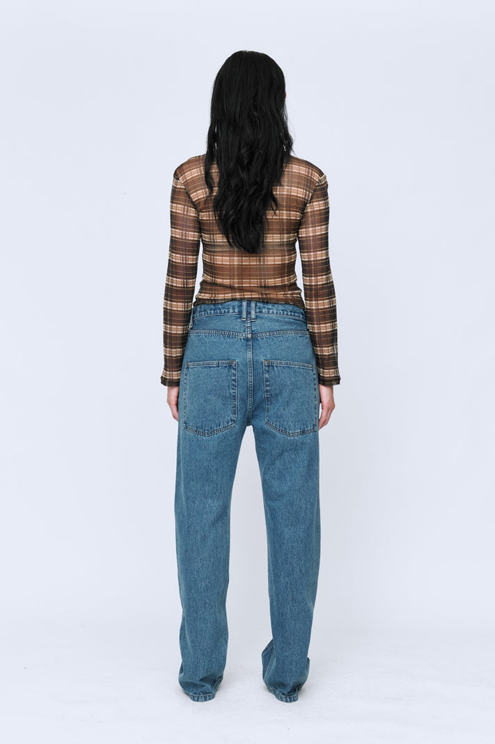 Wynn Hamlyn Silk Mesh Long Sleeve Top // Brown Check