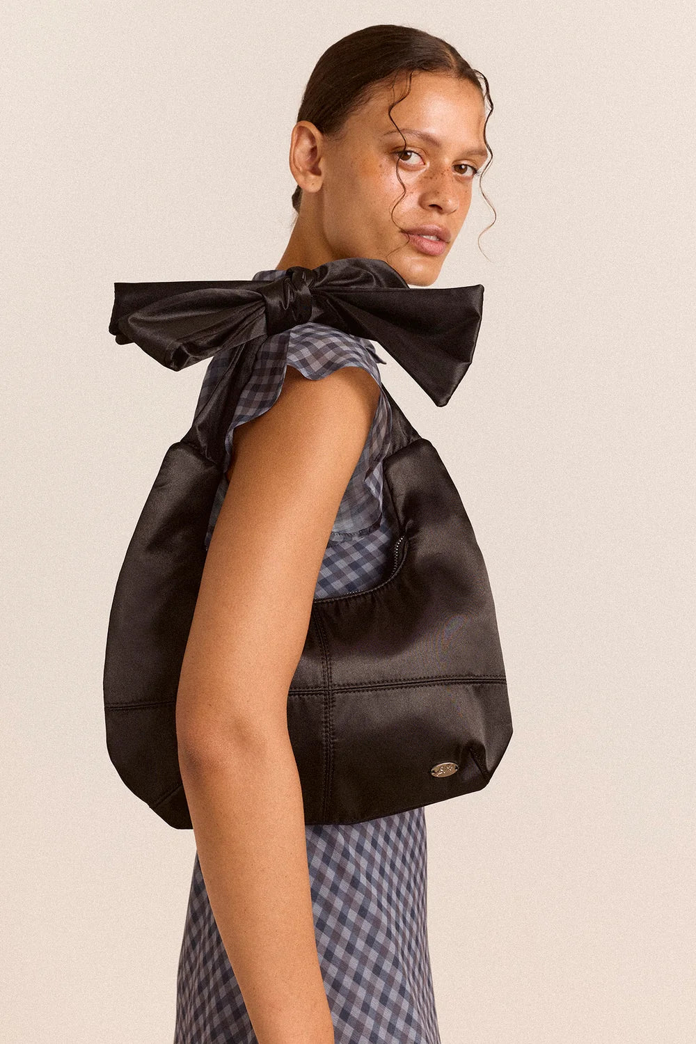 Damson Madder Roo Bow Tie Bag // Black Satin