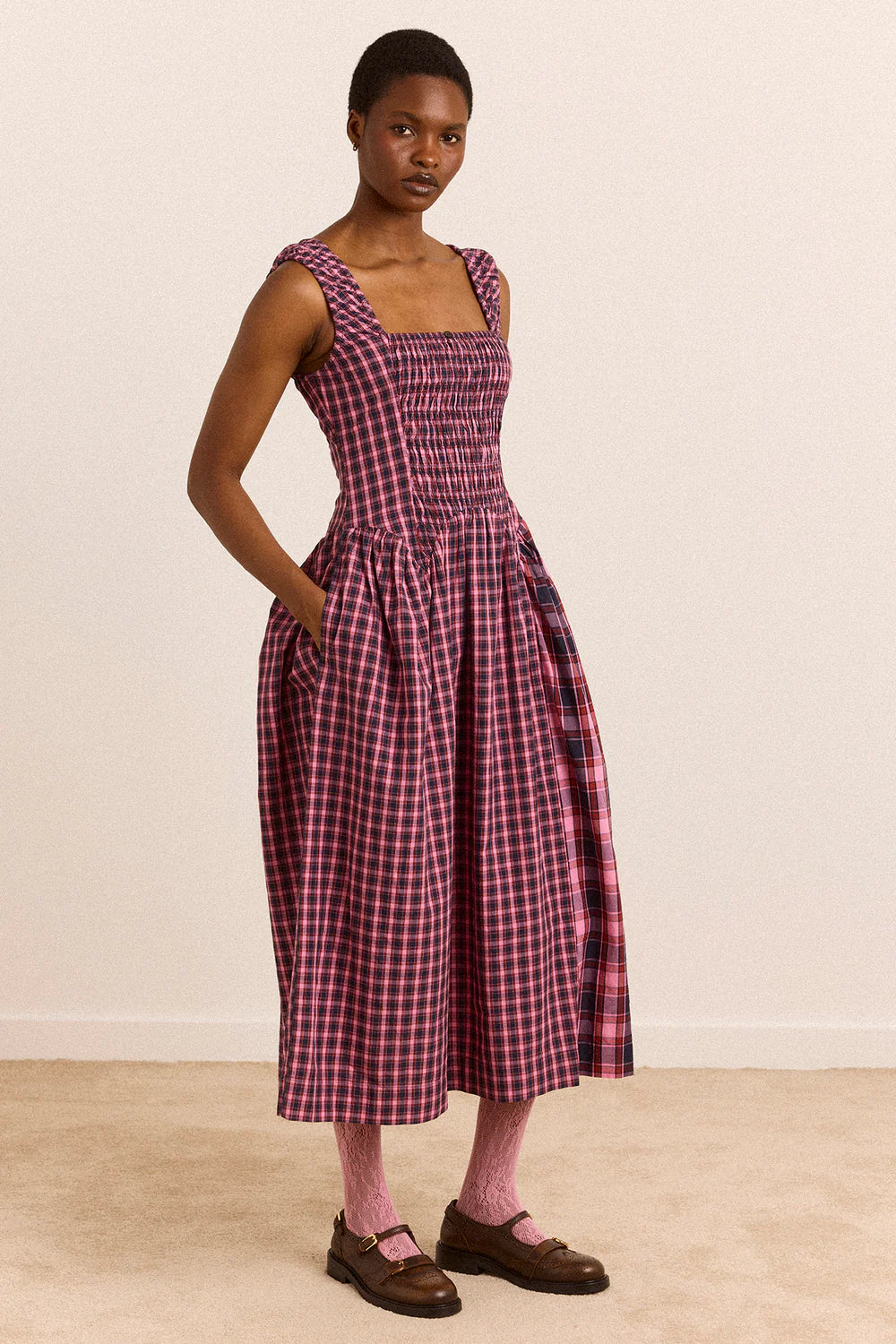 Damson Madder Molly Midi Dress // Magenta Check