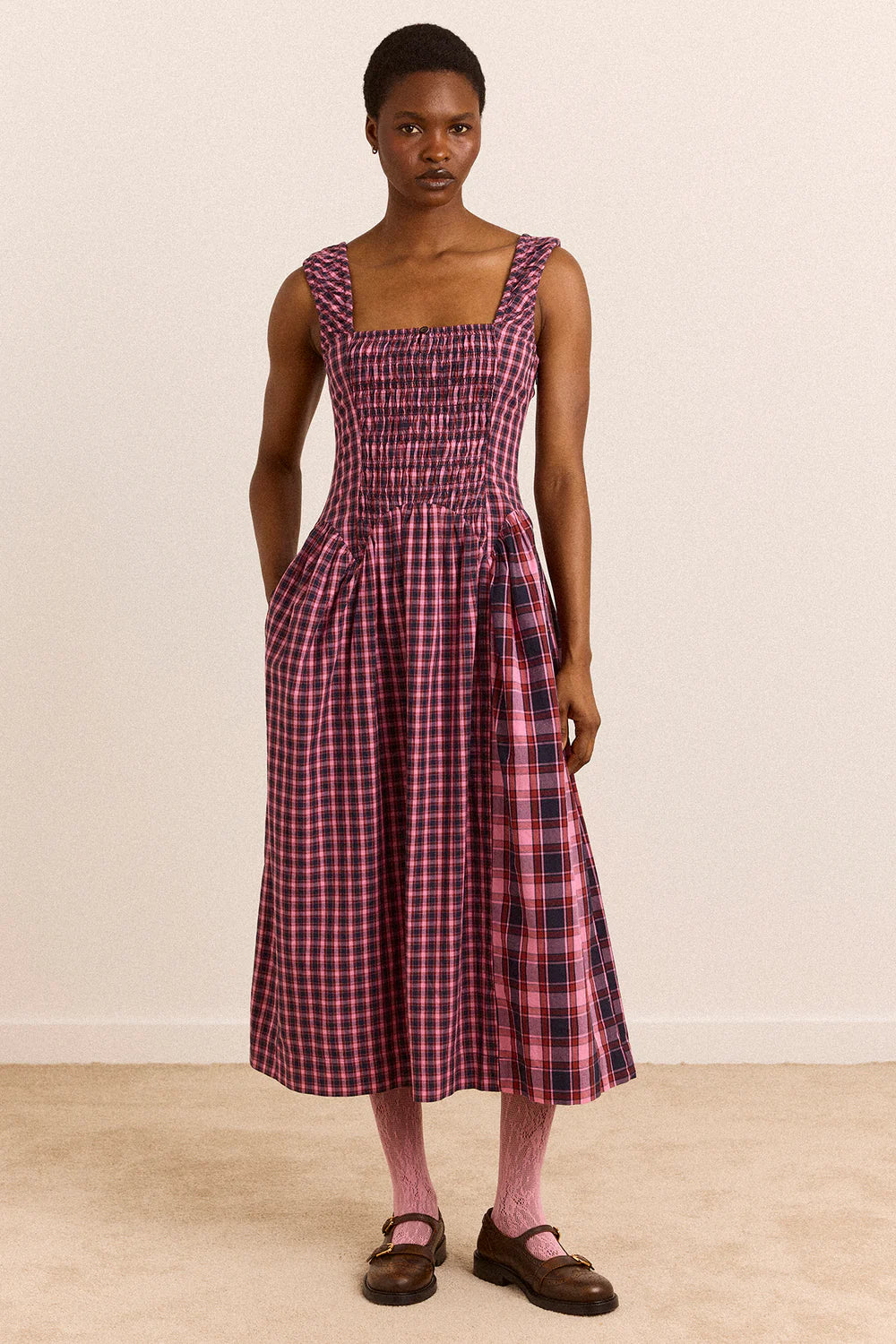 Damson Madder Molly Midi Dress // Magenta Check