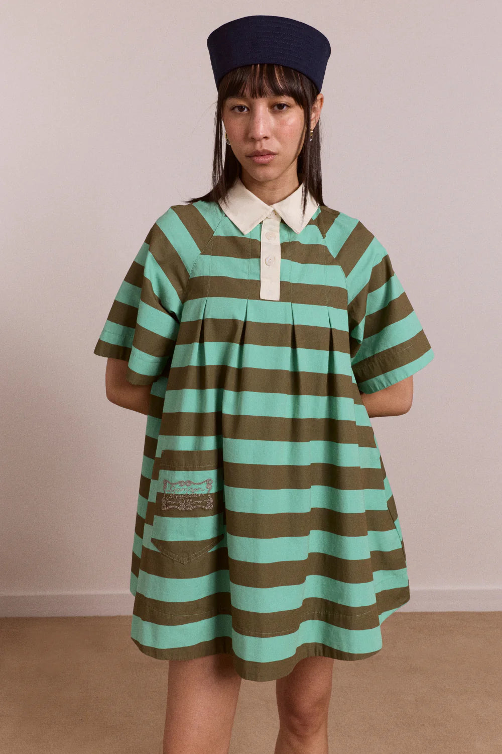 Damson Madder Maggie Mini Dress // Aqua, Olive Stripe