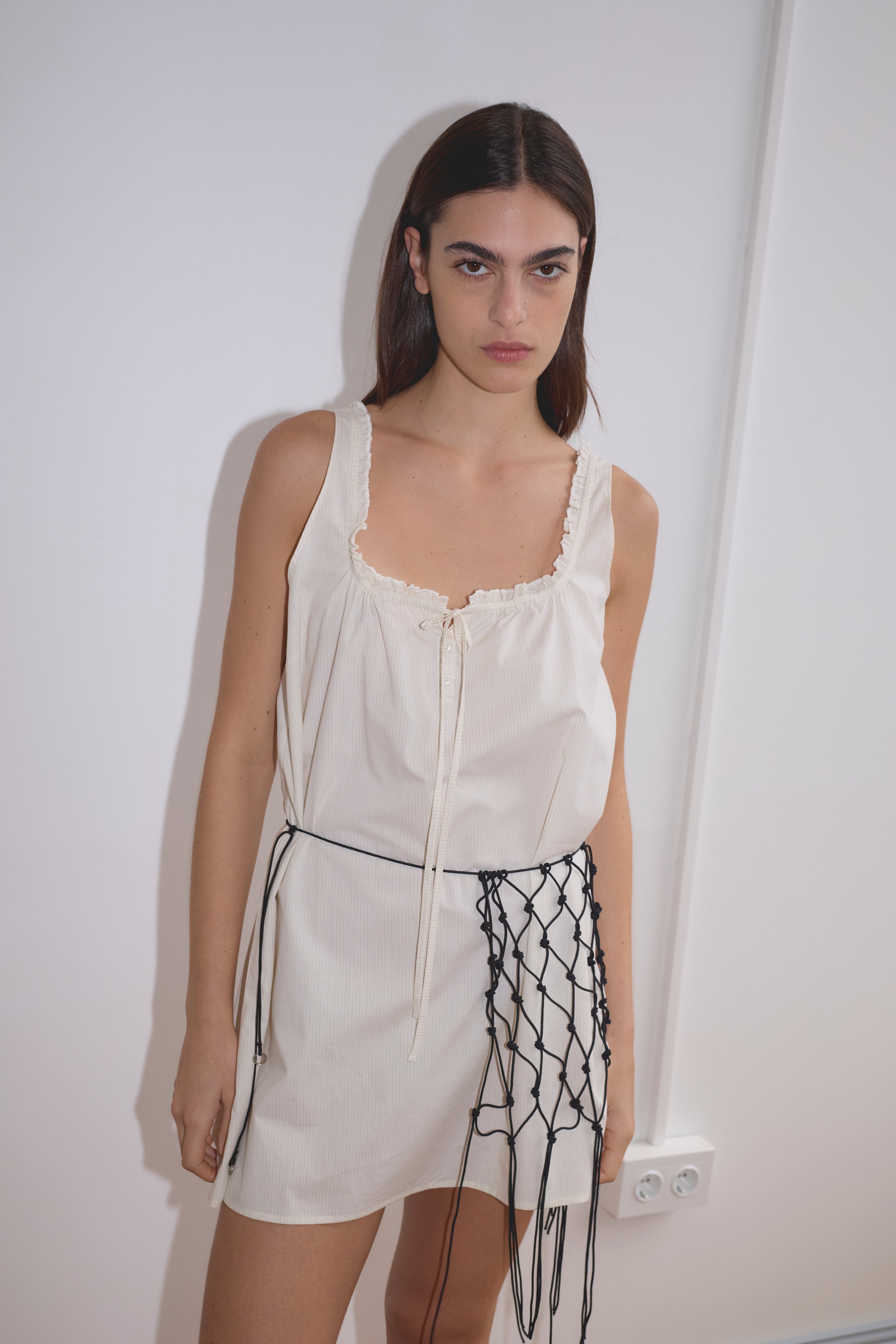 Deiji Studios Button Frill Mini Dress // Stone Stripe