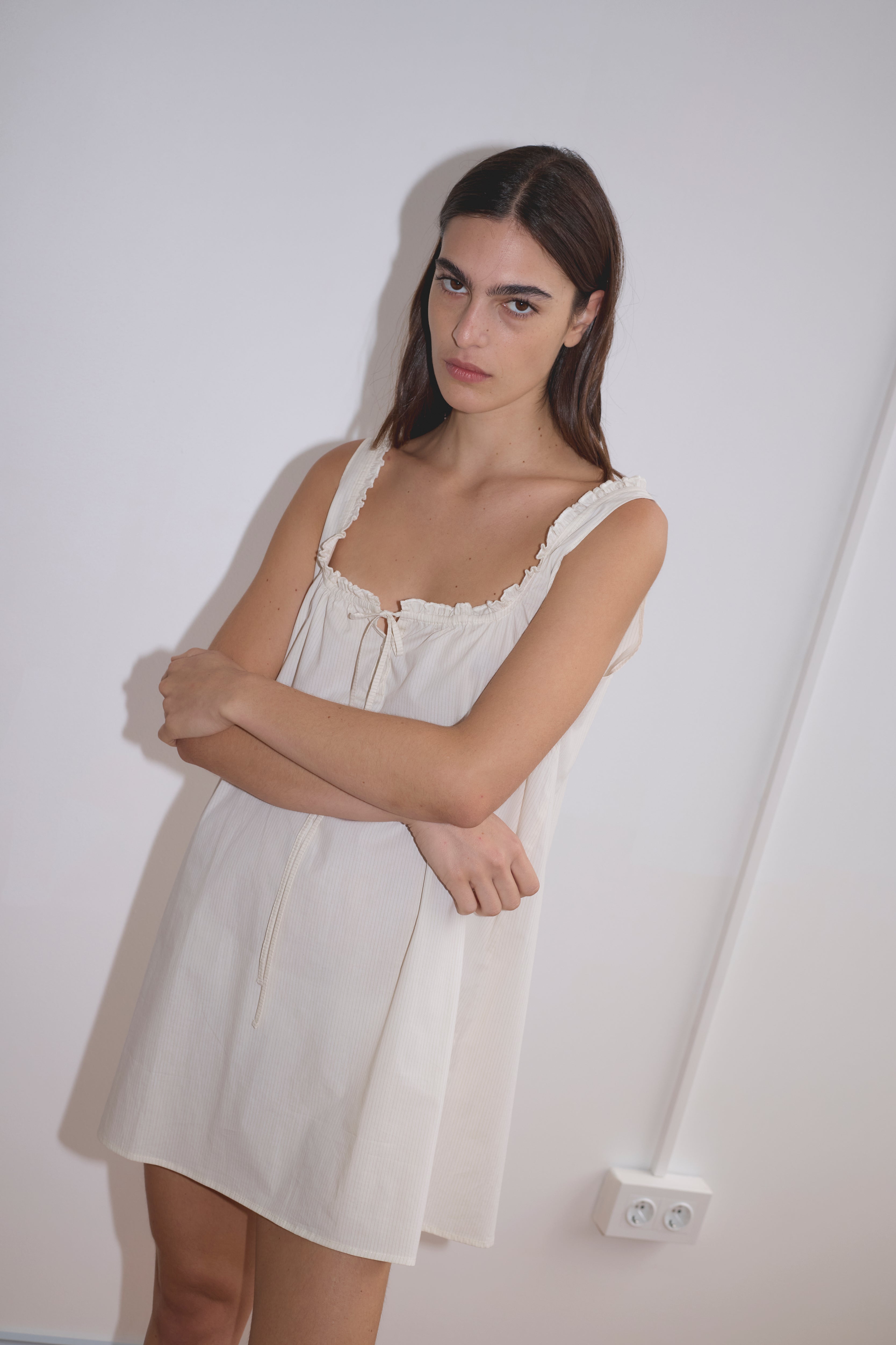 Deiji Studios Button Frill Mini Dress // Stone Stripe