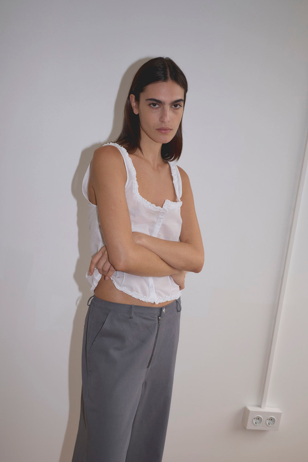 Deiji Studios Button Frill Top // White