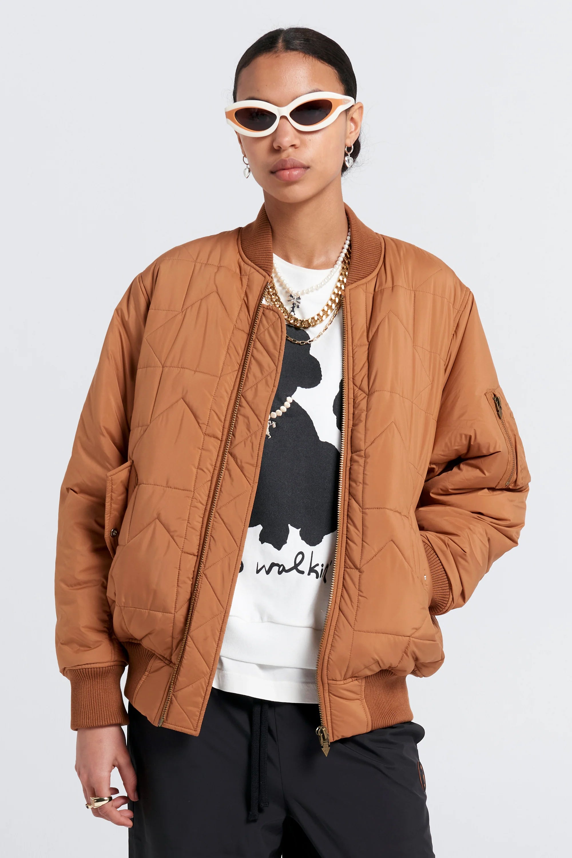 Karen Walker Quilted Bomber Jacket // Dark Tan
