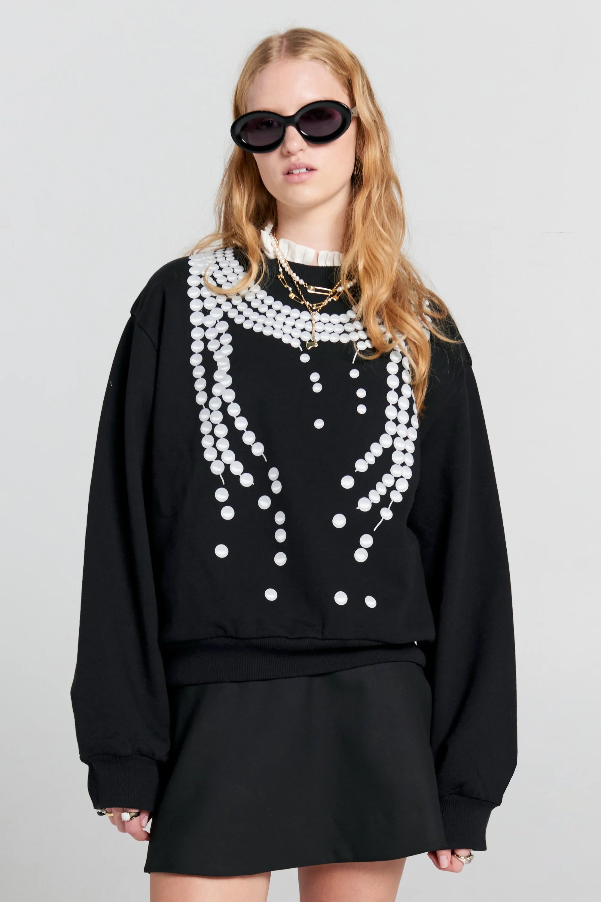 Karen Walker Broken Pearls Crewneck Sweatshirt // Black