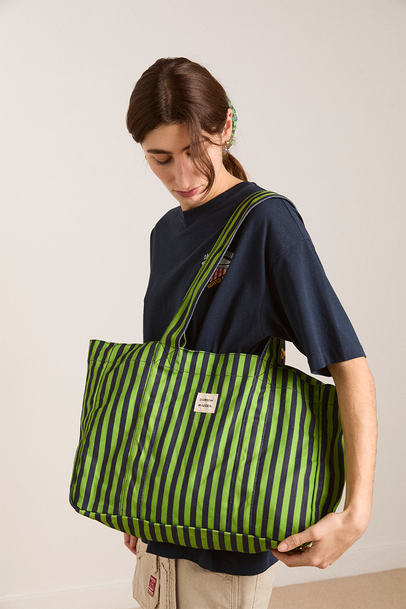 Damson Madder DM Canvas Tote // Navy, Lime Stripe