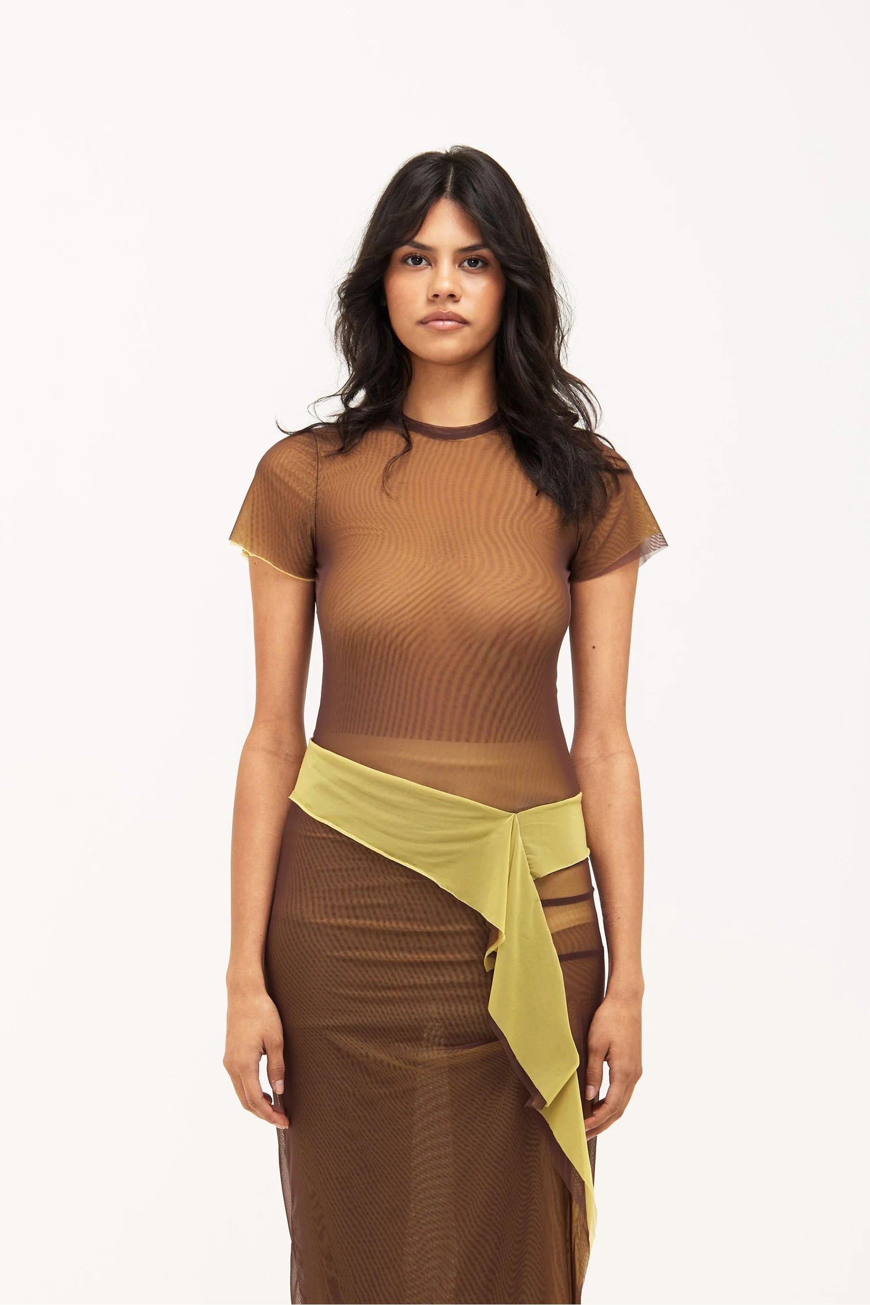 Verner Double Layer Mesh Dress // Brown over Yellow