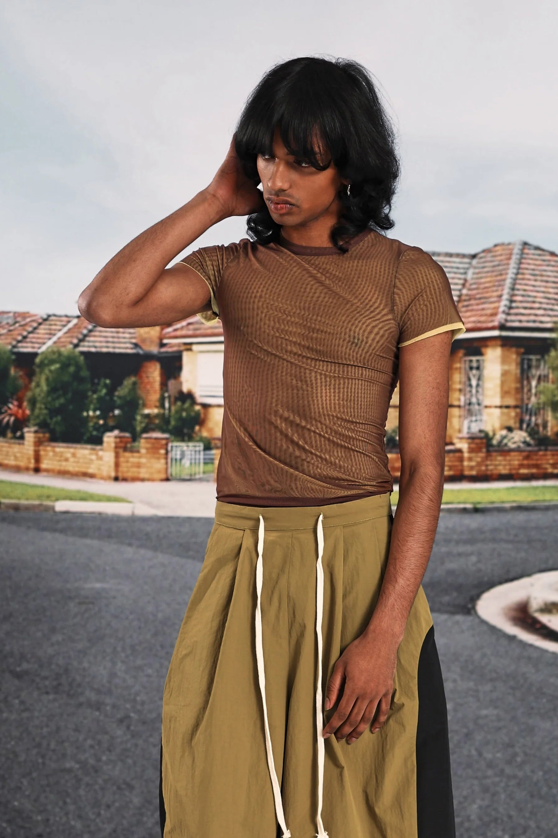 Verner Double Layer Mesh Tee // Brown over Yellow