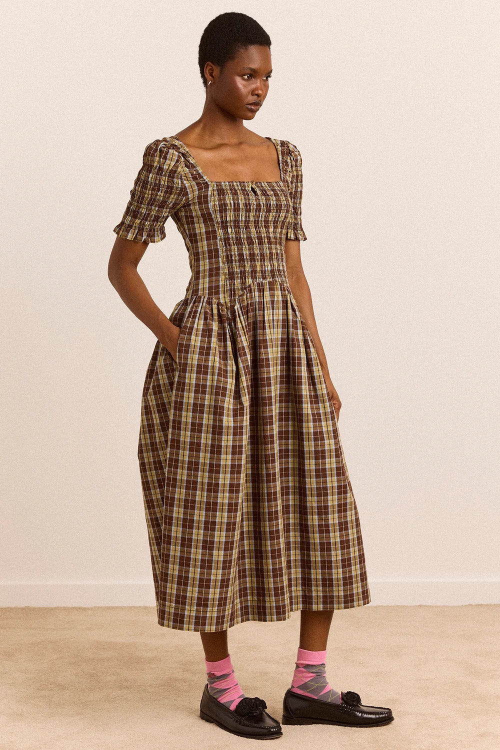 Damson Madder Molly Shirred Midi Dress // Cocoa Check