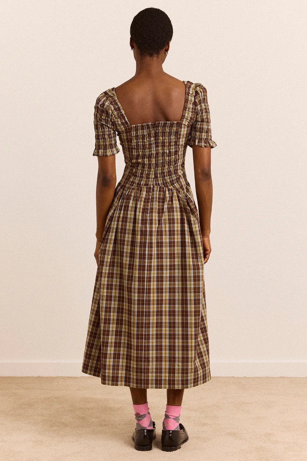 Damson Madder Molly Shirred Midi Dress // Cocoa Check