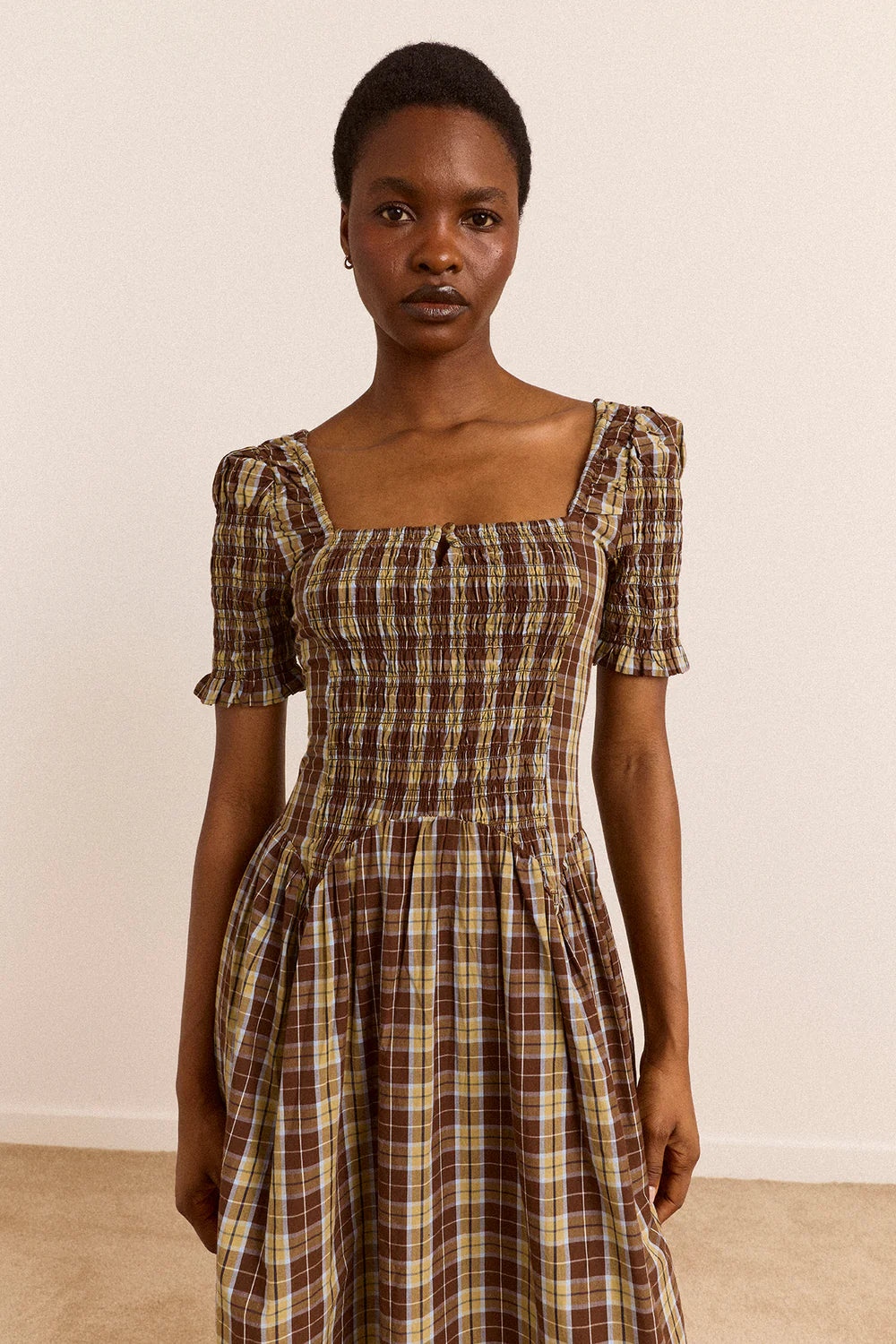 Damson Madder Molly Shirred Midi Dress // Cocoa Check
