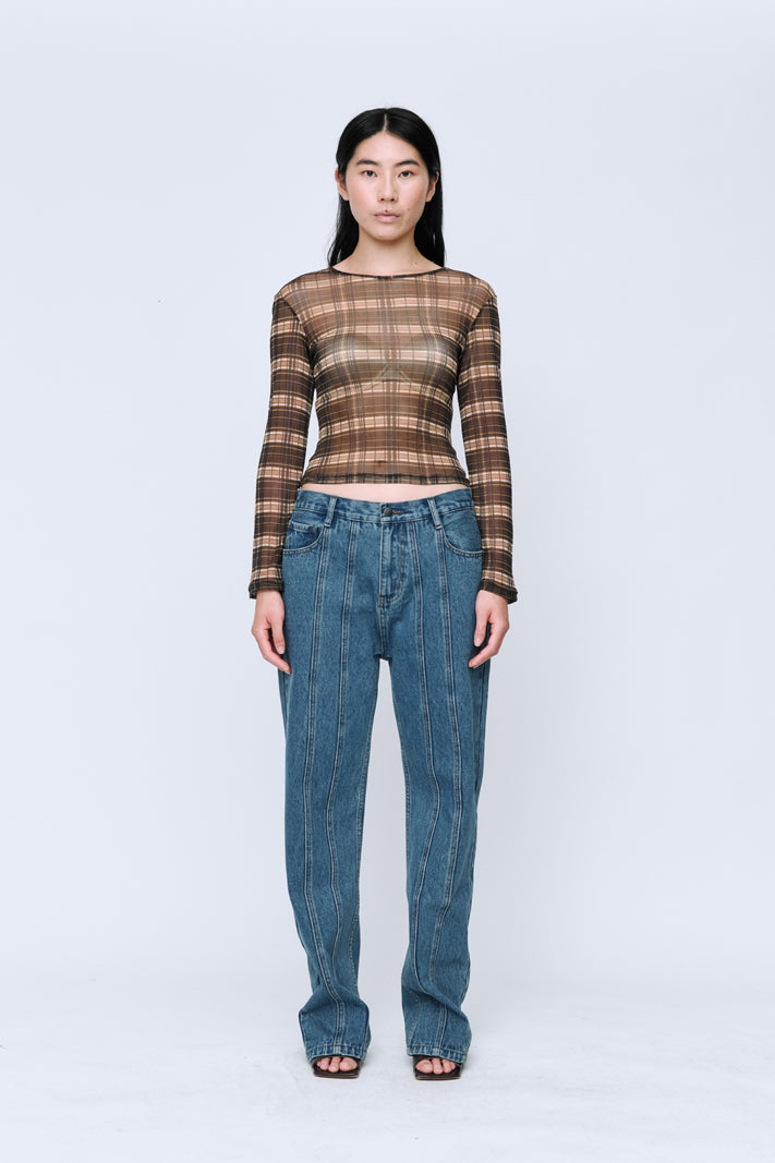 Wynn Hamlyn Silk Mesh Long Sleeve Top // Brown Check