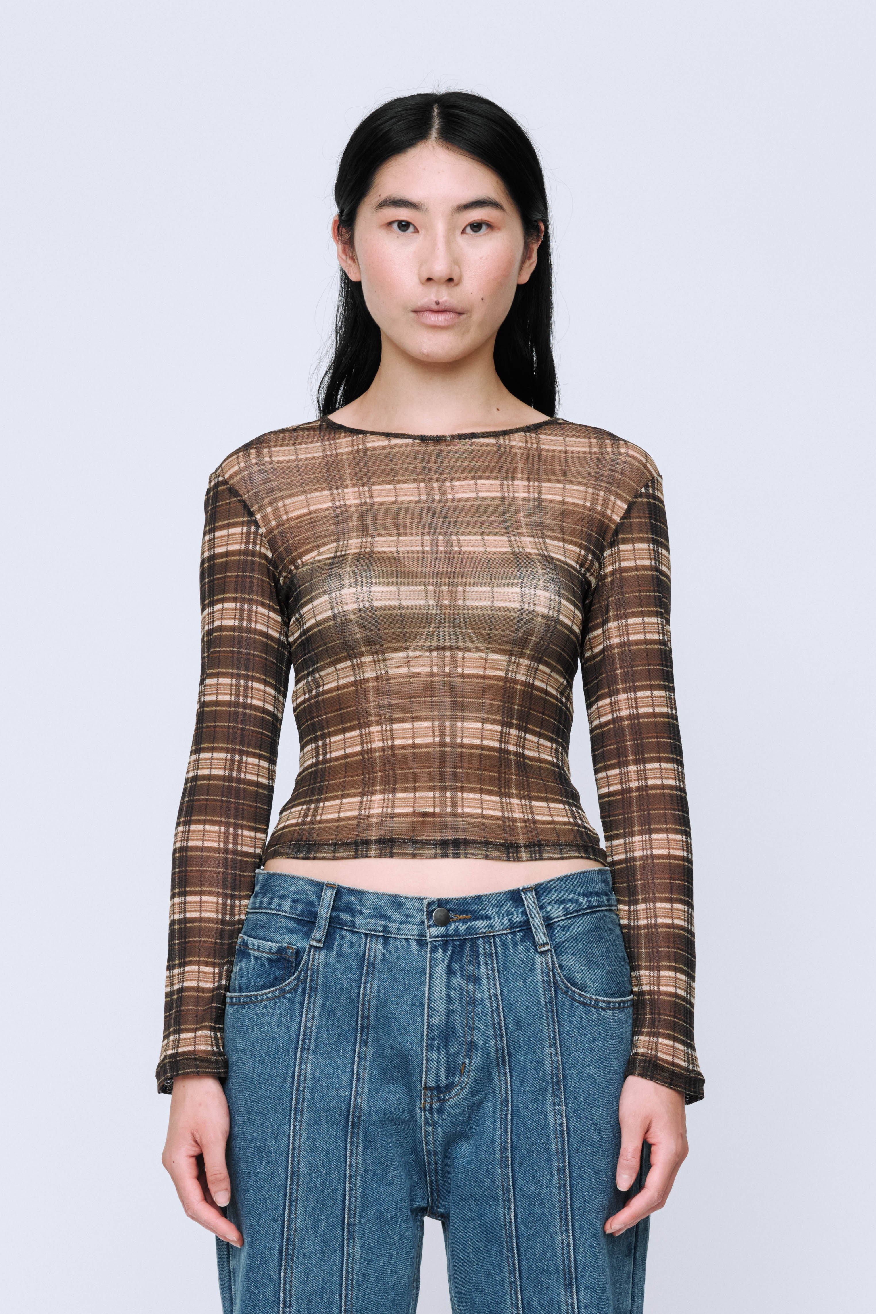 Wynn Hamlyn Silk Mesh Long Sleeve Top // Brown Check