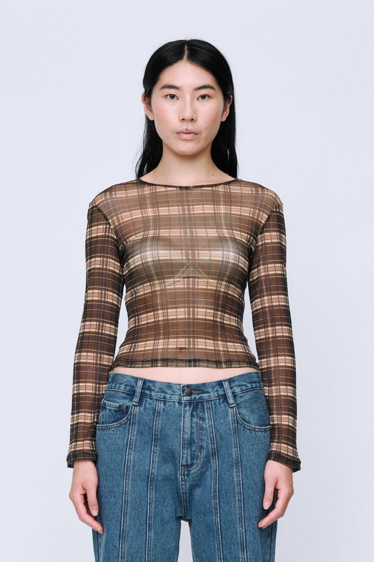 Wynn Hamlyn Silk Mesh Long Sleeve Top // Brown Check