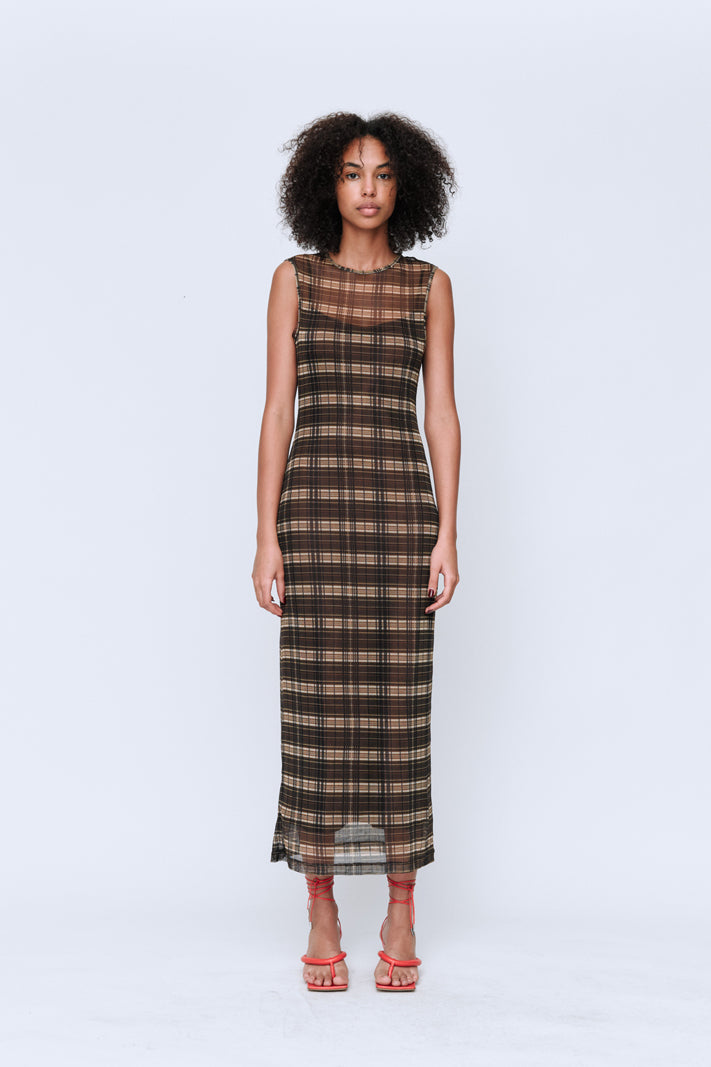 Wynn Hamlyn Silk Mesh Maxi Dress // Brown Check