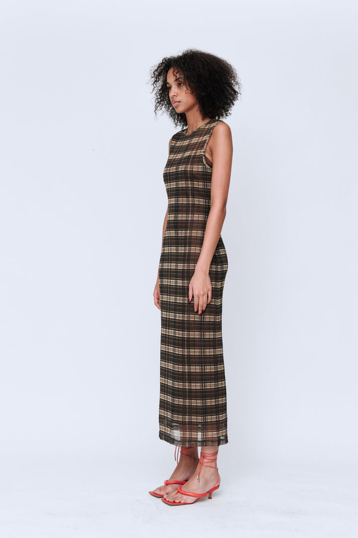 Wynn Hamlyn Silk Mesh Maxi Dress // Brown Check