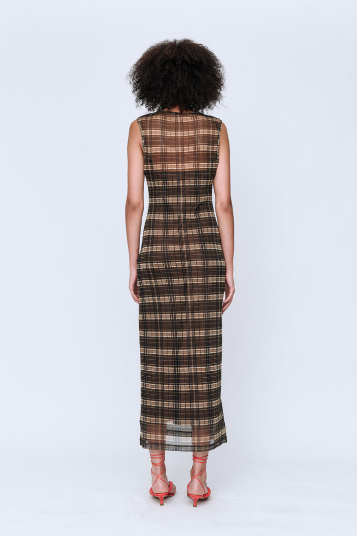 Wynn Hamlyn Silk Mesh Maxi Dress // Brown Check