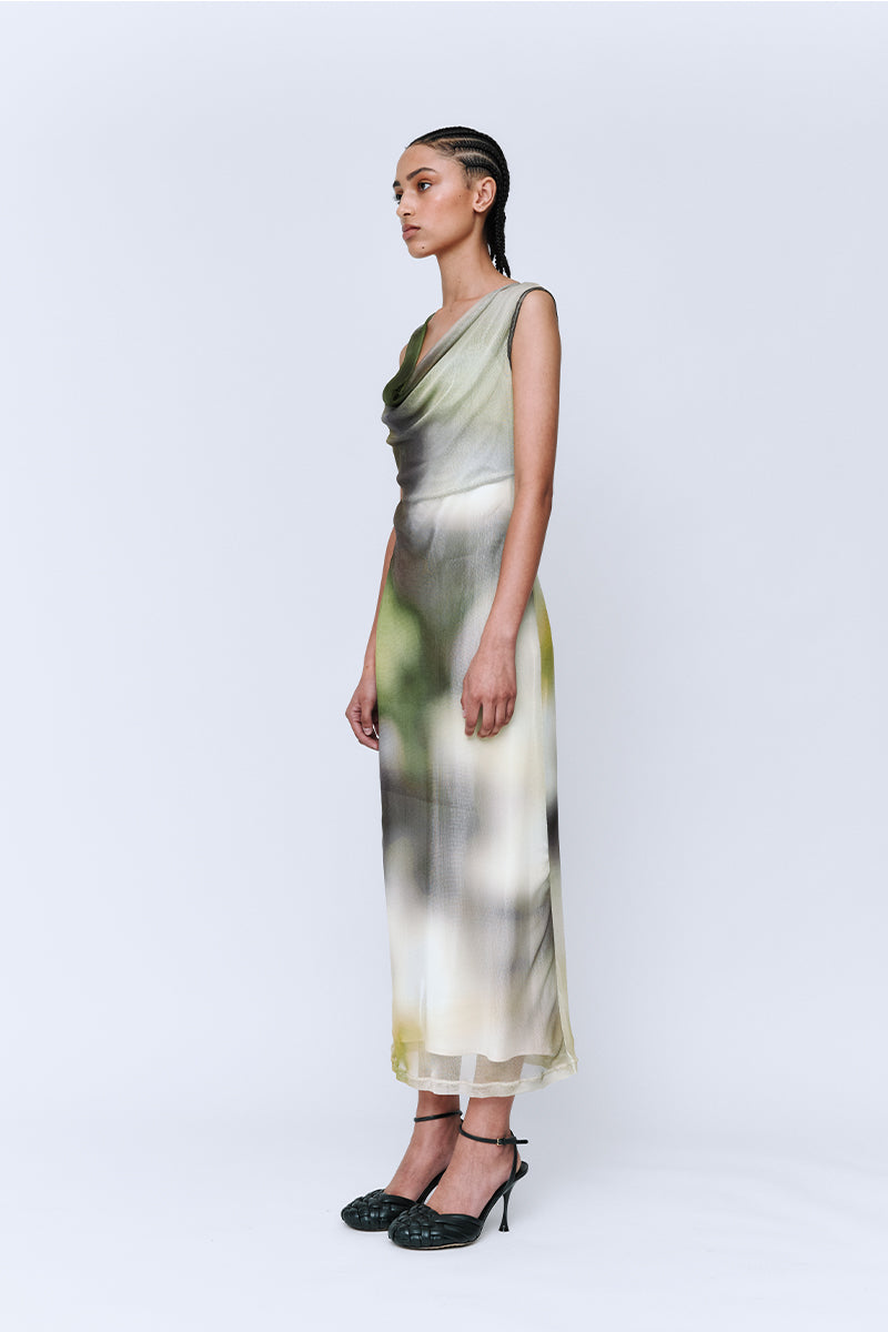 Wynn Hamlyn Cowl Silk Mesh Maxi Dress // Acid Forest