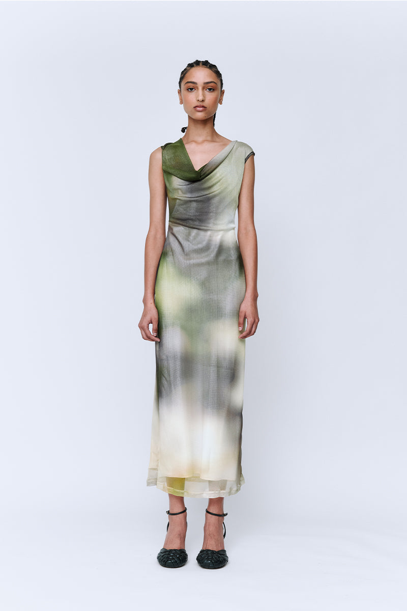 Wynn Hamlyn Cowl Silk Mesh Maxi Dress // Acid Forest