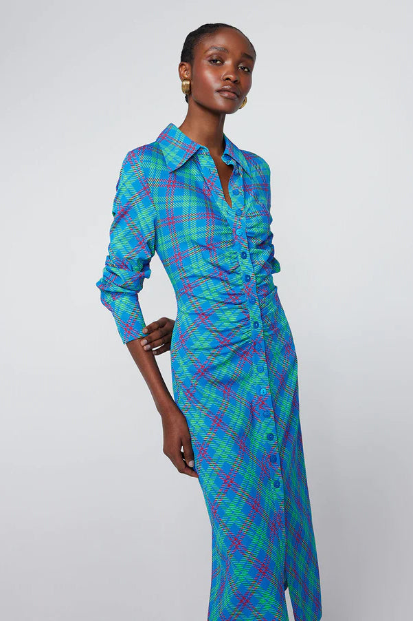 Kitri Lennox Check Ruched Shirt Dress // Blue