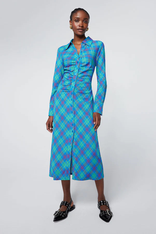 Kitri Lennox Check Ruched Shirt Dress // Blue