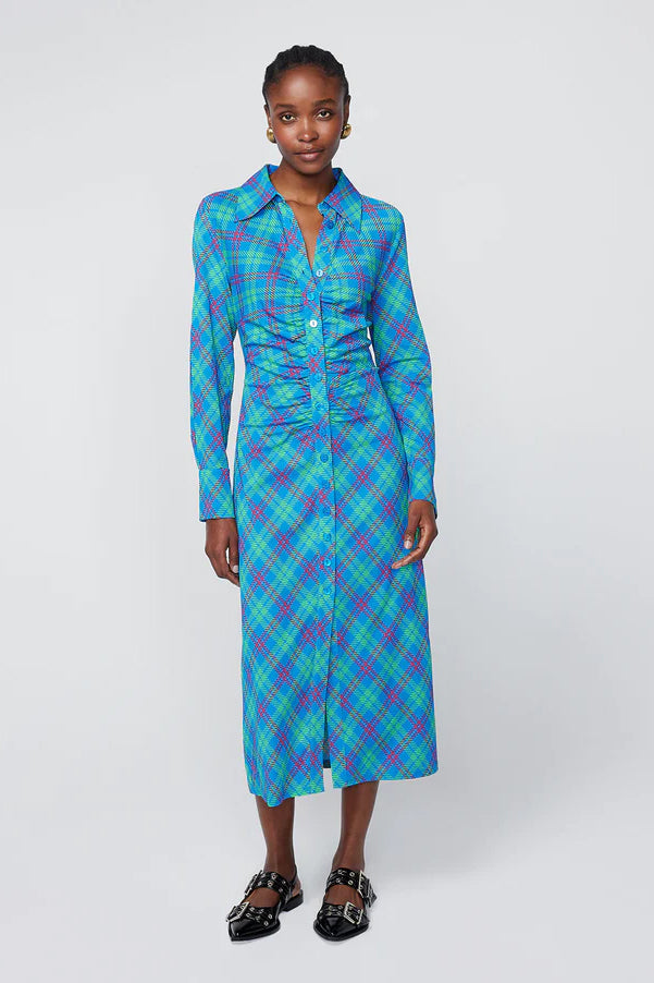 Kitri Lennox Check Ruched Shirt Dress // Blue