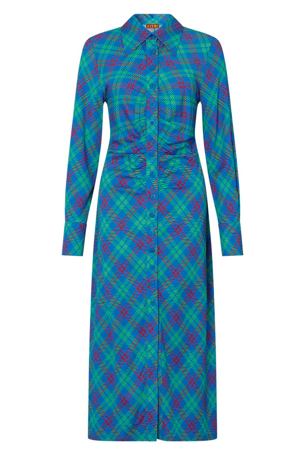 Kitri Lennox Check Ruched Shirt Dress // Blue