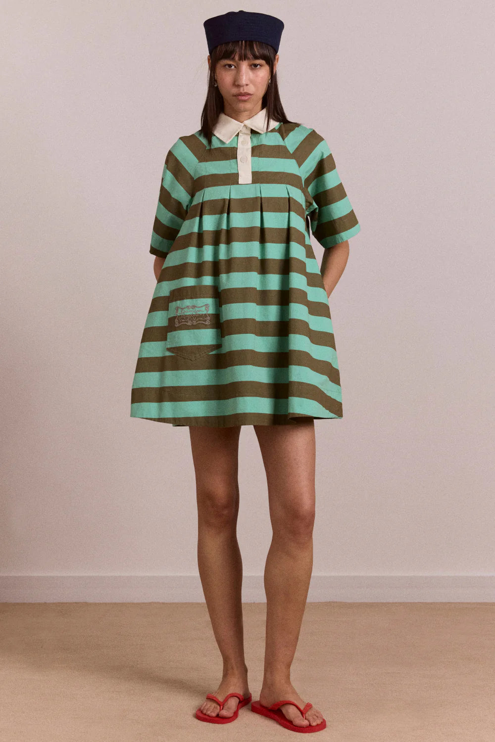 Damson Madder Maggie Mini Dress // Aqua, Olive Stripe