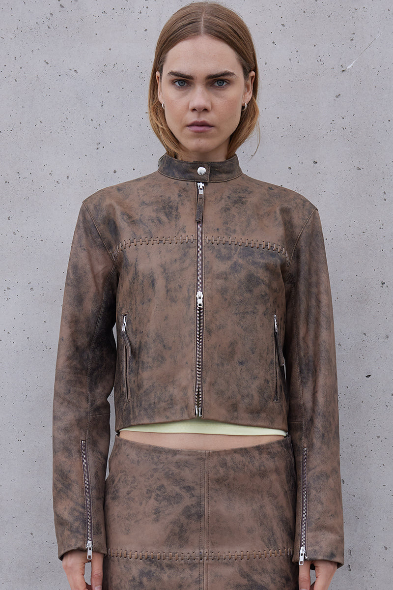 Oval Square Bee Leather Jacket // Pecan Brown