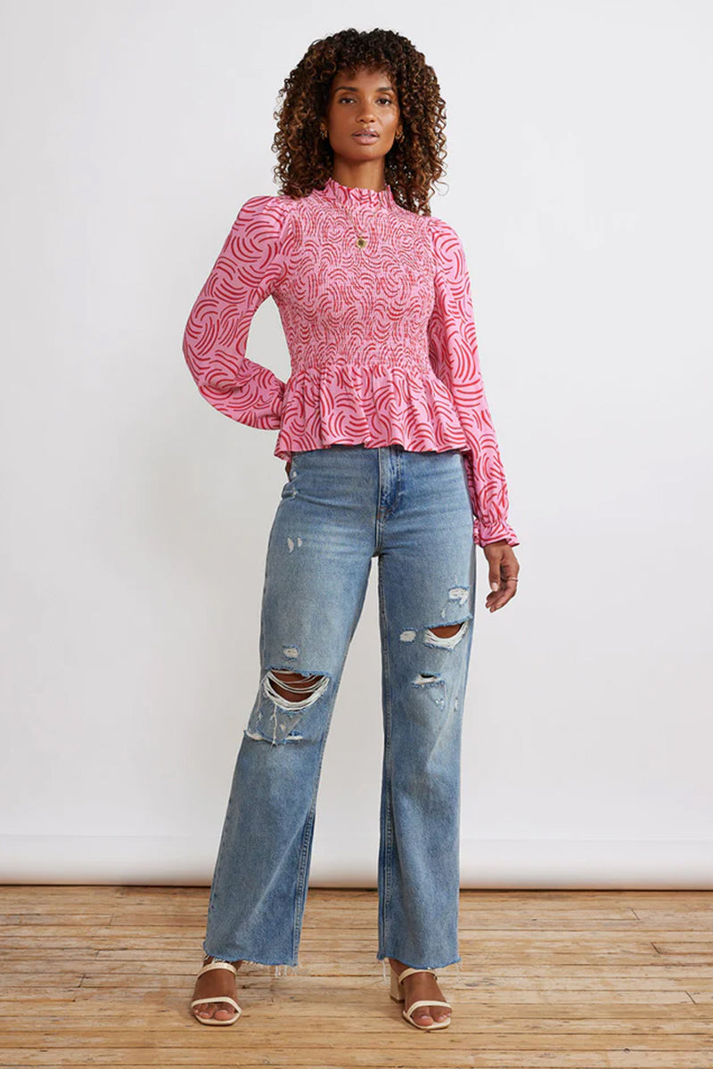 Kitri Darcie Pink Geo Shirred Top
