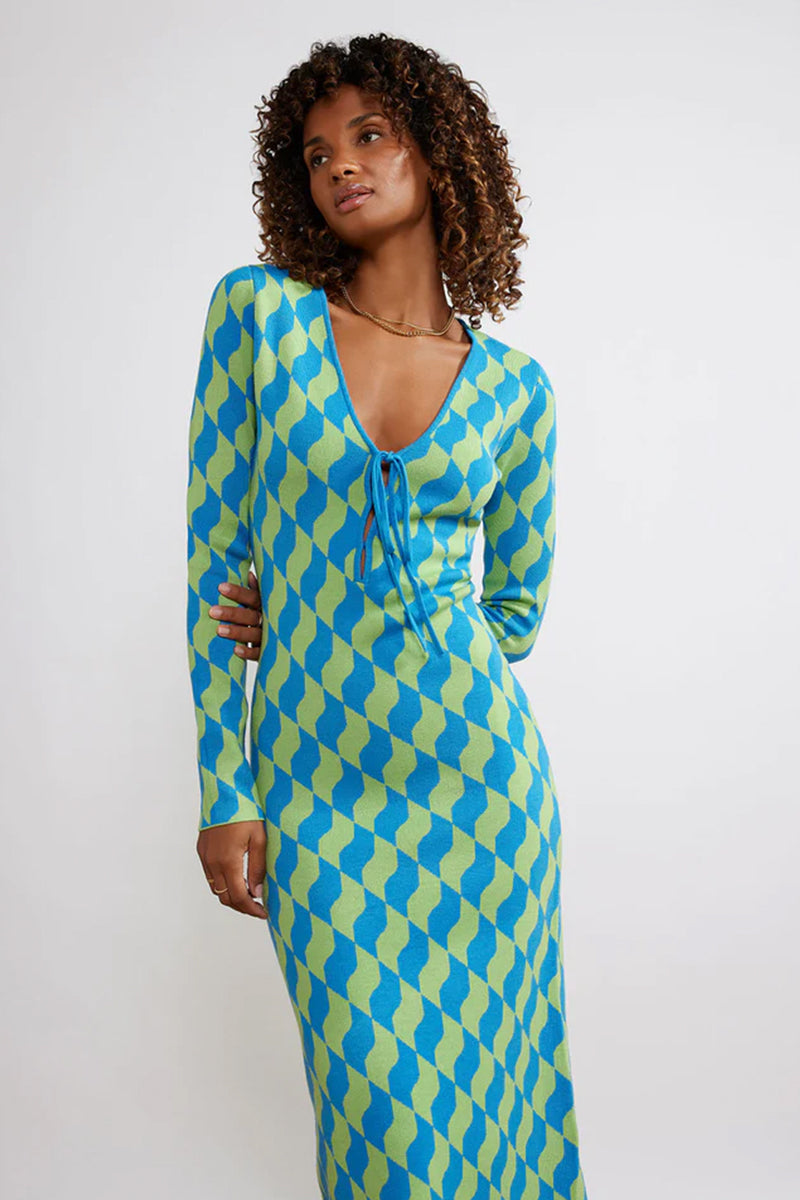 Kitri Leah Green Wavy Tile Knit Dress