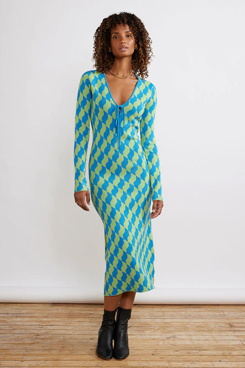 Kitri Leah Green Wavy Tile Knit Dress